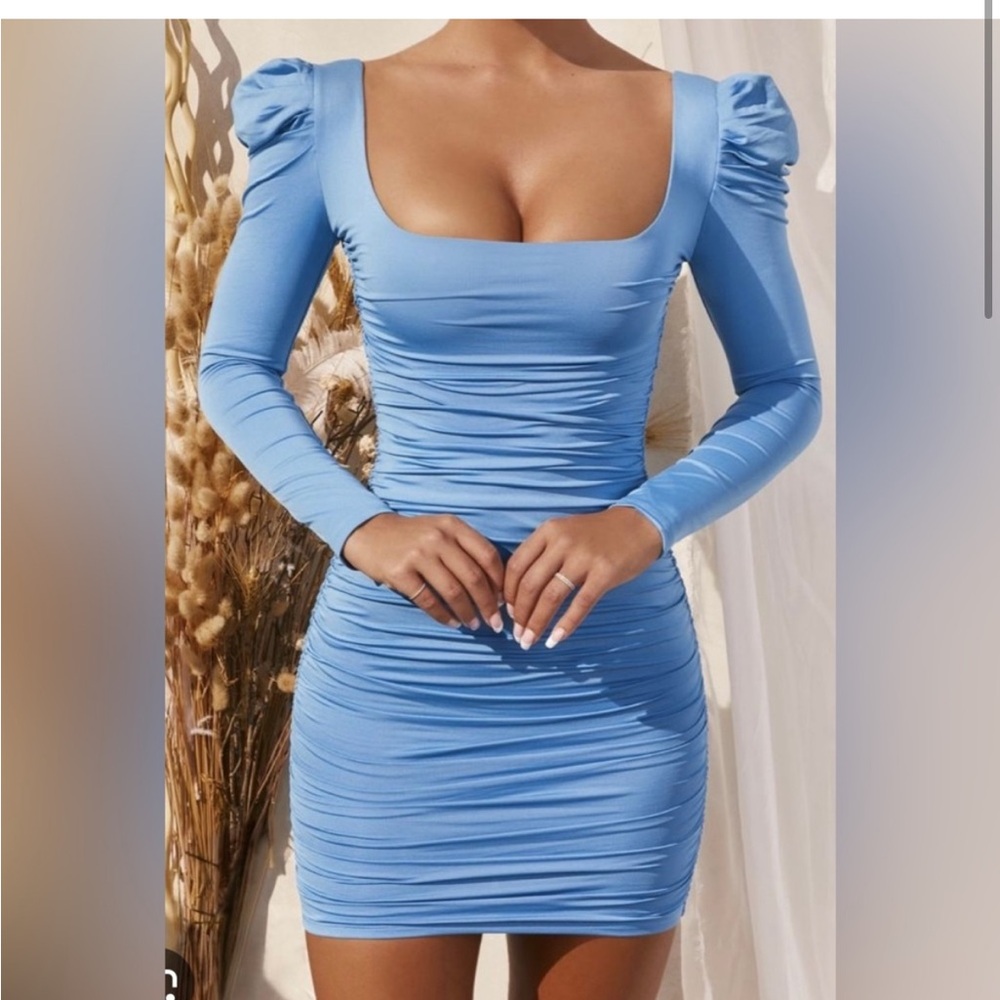 Oh Polly Simple Elegance Long Puff Sleeve Ruched Mini Dress